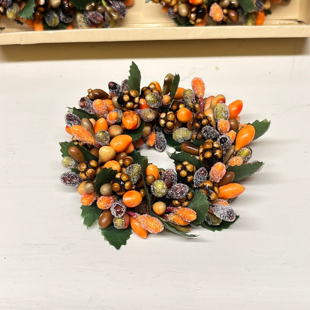 Fall Autumn Mini Wreath Candle Ring Frosted Orange Pip Berry - Picture 2 of 5